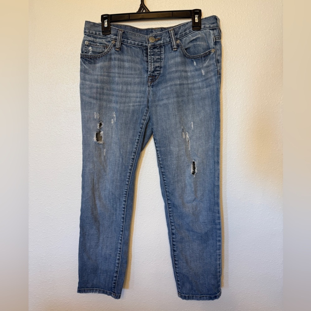 LOFT Light Blue Distressed Button Fly Boyfriend Jeans